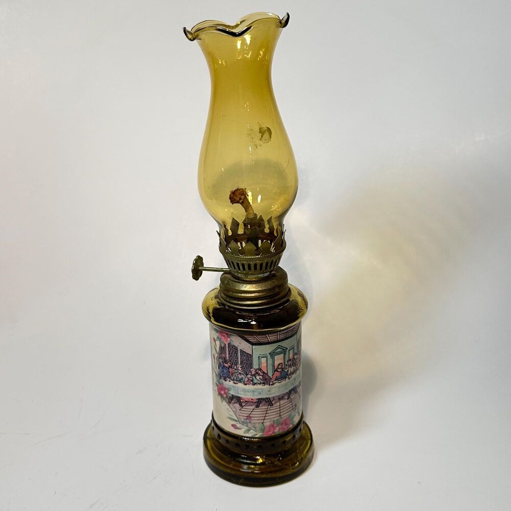 Vintage 1976 Last Supper Amber Glass Oil Lamp  9.5" Miniature Hurricane Lantern